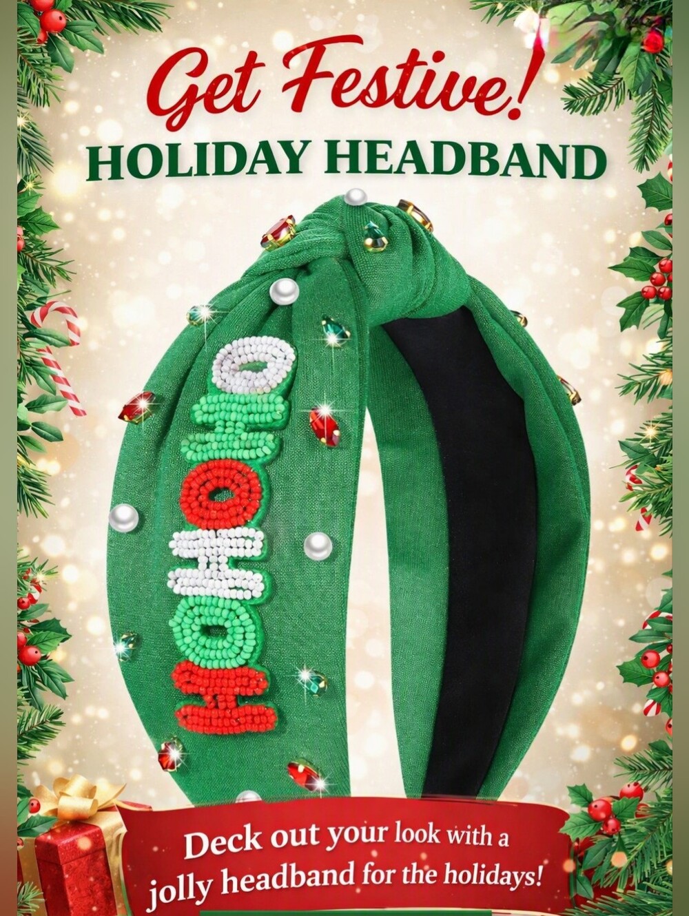 Ho Ho Ho Holiday Beaded Embellished Green Headband